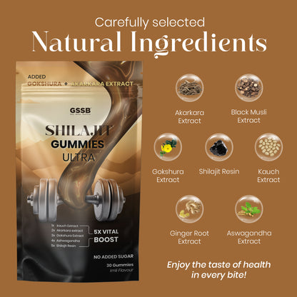 GSSB Shilajit Gummies Ultra | With Added Benefits of Gokshura & Akarkara Extracts | Pure Himalayan Shilajit with Ashwagandha | Boosts Strength, Stamina, Energy & Vitality | No Added Sugar | Imli Flavour | 30 Gummies