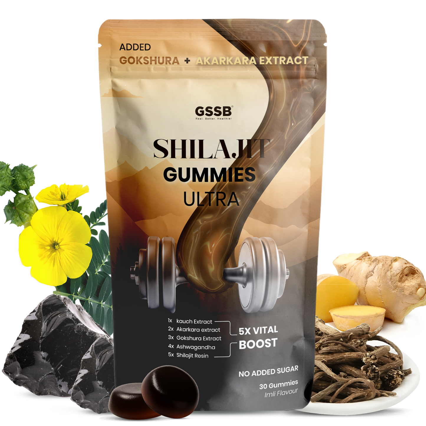 GSSB Shilajit Gummies Ultra | With Added Benefits of Gokshura & Akarkara Extracts | Pure Himalayan Shilajit with Ashwagandha | Boosts Strength, Stamina, Energy & Vitality | No Added Sugar | Imli Flavour | 30 Gummies