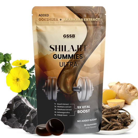 GSSB Shilajit Gummies Ultra | With Added Benefits of Gokshura & Akarkara Extracts | Pure Himalayan Shilajit with Ashwagandha | Boosts Strength, Stamina, Energy & Vitality | No Added Sugar | Imli Flavour | 30 Gummies